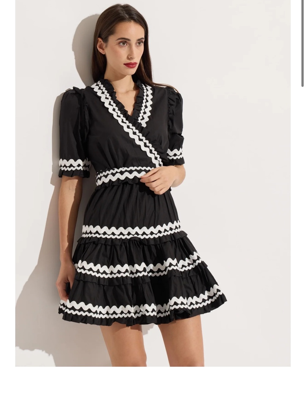 AUREUM Black Mini Wrap Dress with White Rickrack Trim